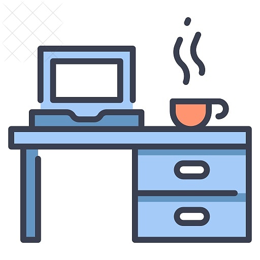 Business, computer, cup, desk, laptop icon.