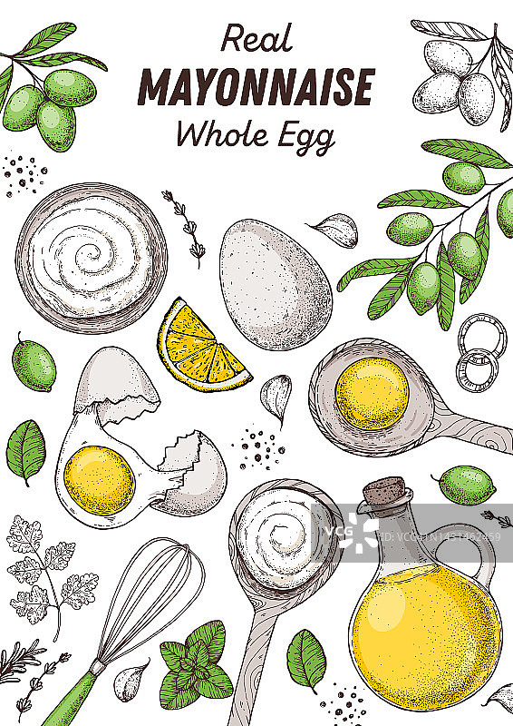 蛋黃醬烹飪和食材，手繪矢量插圖。自制蛋黃醬，設計元素。手繪，包裝設計。圖片素材