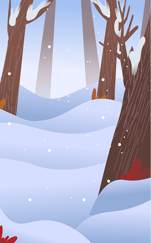 卡通冬季立冬大雪冬天樹林森林雪景背景扁平矢量插畫圖片