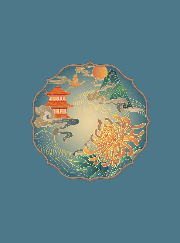 復古的中國風山水插畫在藝術框內圖片