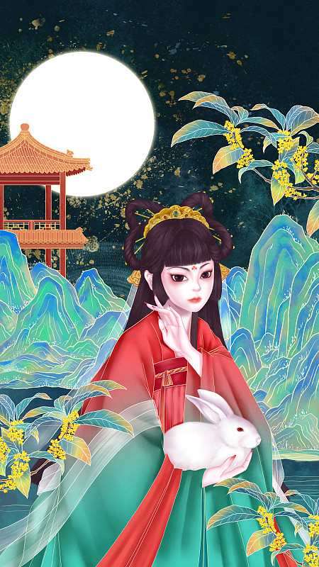 圓月夜中國風山水和抱著兔子的古裝美女圖片素材