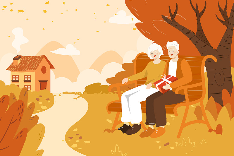 卡通秋季踏秋家人夫妻重陽節處暑秋分節氣自然風景秋景矢量插畫圖片