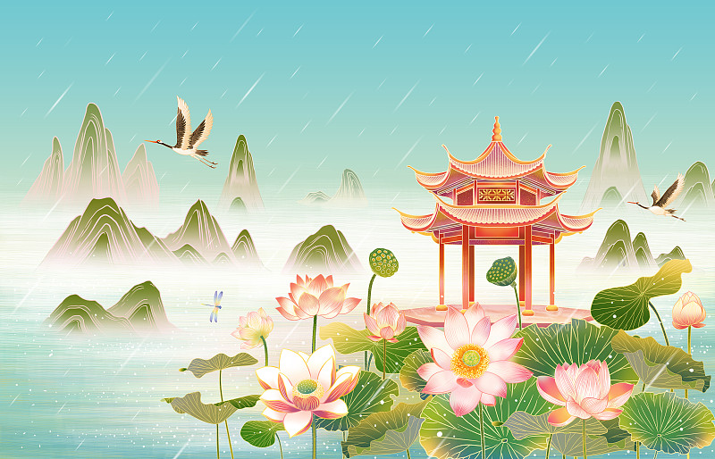 西湖雨景插畫海報背景圖片