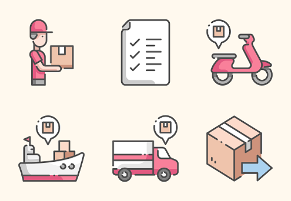 **交貨和物流以大綱式填寫大綱**
包含20個圖標的圖標包。

包括設計:
——物流
-交付
——包
——服務
——業務
-框
——運輸
——貨物
- - - - - -出口
——運輸圖標icon圖片