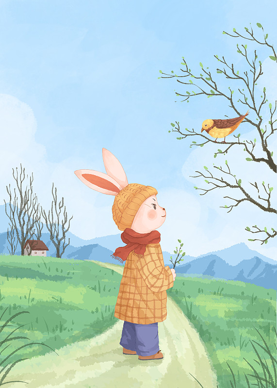 小兔的四季兔年小清新插畫二月圖片