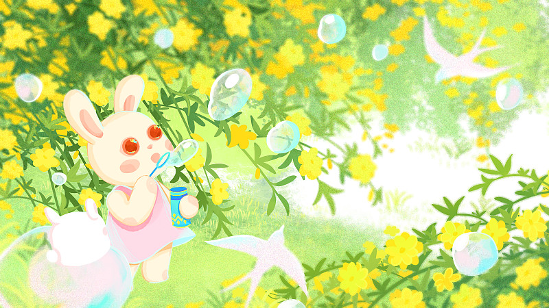 兔年二月迎春花小兔子吹泡泡燕子系列插畫圖片