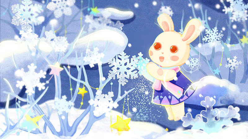 兔年系列插畫十二月雪花小兔子雪地圖片