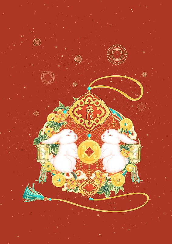 十二生肖國風封面插畫卯兔圖片