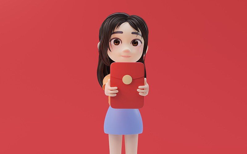 手拿紅包的可愛小女孩3D渲染圖片素材