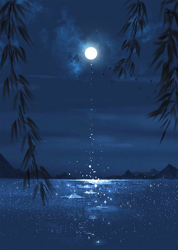 氛圍感夜晚海上明月風景插畫圖片