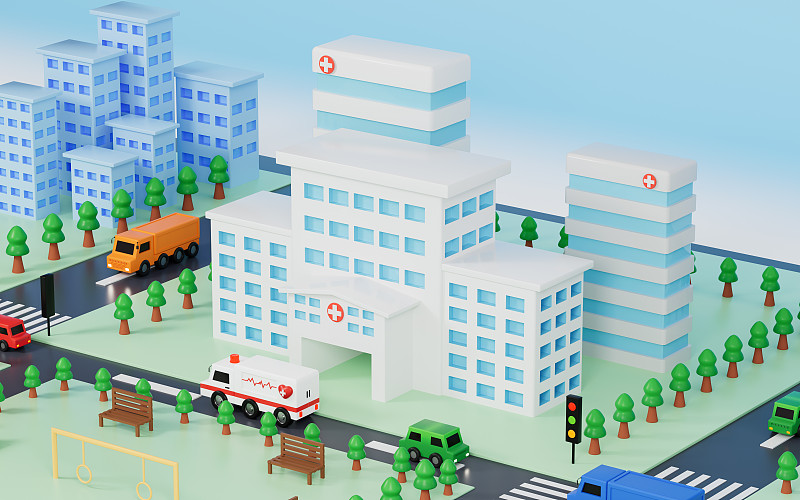 醫院與城市背景3D渲染圖片素材