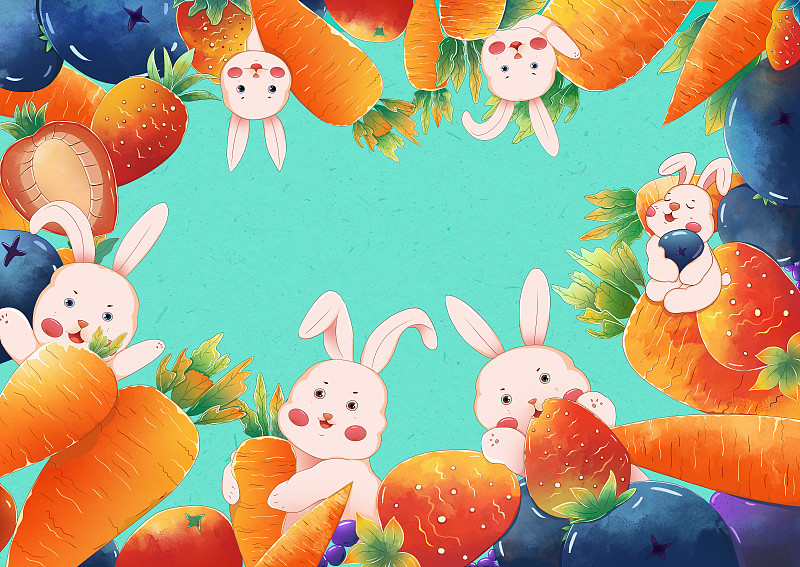 新年到了兔子們開戶了水果大餐圖片素材