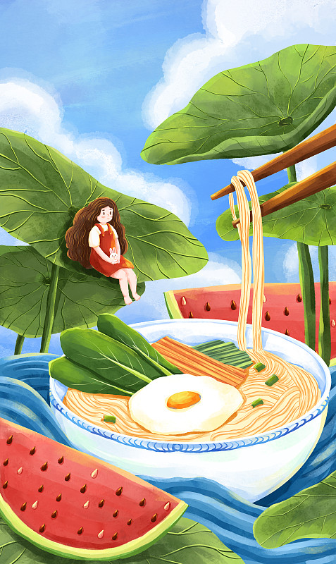 夏季的西瓜與美食插畫圖片
