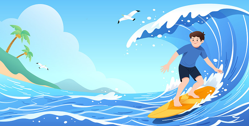 夏天户外冲浪者和蓝天大海海浪等风景矢量插画横版下载