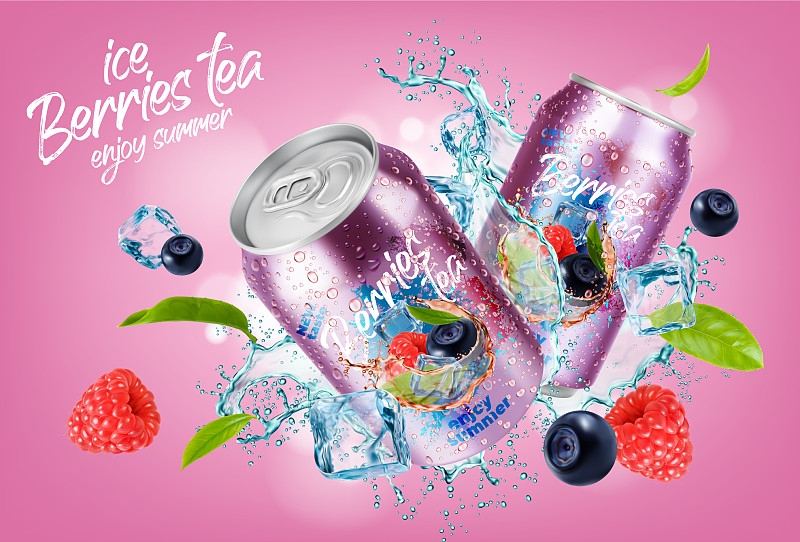 野莓茶罐和冰块饮料飞溅图片下载
