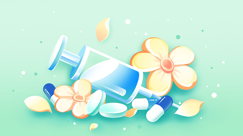 针管、药品与鲜花，浅绿色清新卡通医师节插画下载