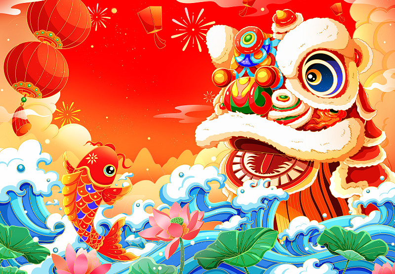 国潮中国新年春节喜庆醒狮贺新年新春年画图片下载