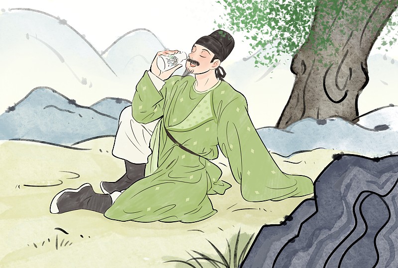 坐着喝酒的古人唐代诗人李白国风风格插画元素下载