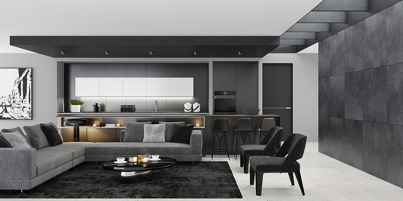豪華的黑色室內客廳與現代極簡主義意大利風格的開放式空間廚房與大長廚房島。圖片素材