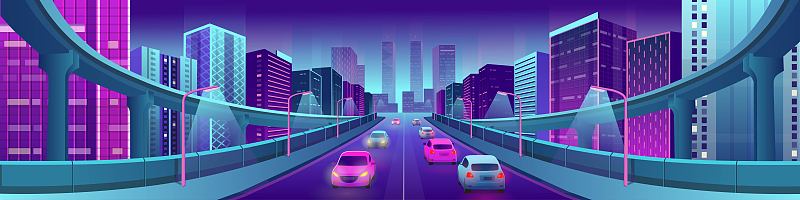 全景霓虹燈城市，明亮的房屋，立交橋，道路和汽車。矢量插圖。圖片素材