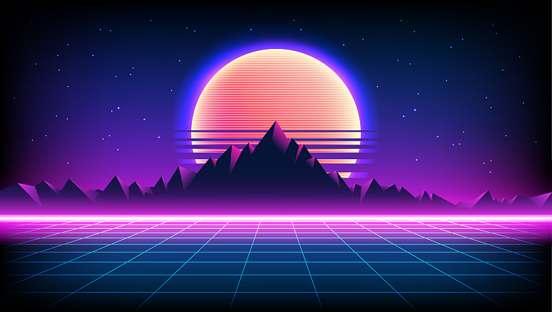80年代復古科幻背景與日出或日落夜空與星星，山脈景觀無限地平線網格在霓虹燈游戲風格。20世紀80年代海報風格的未來合成復古插畫。圖片