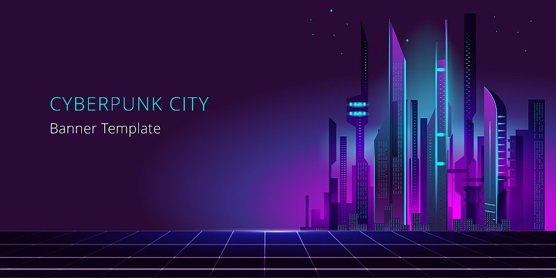 賽博朋克風格的夢幻城市。未來的夜城。圖片素材