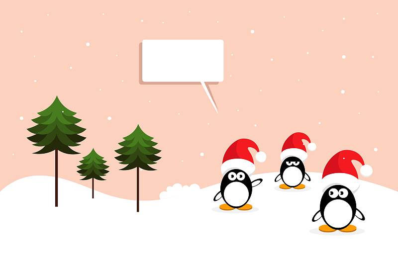 企鵝和圣誕樹在雪地上插畫圖片
