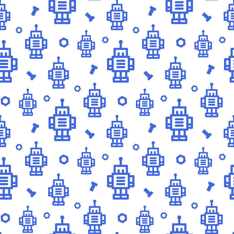 小型藍色輪廓線性機器人，螺栓和螺母隔離在白色背景?？蓯鄣膯紊珶o縫圖案。矢量簡單的平面圖形插圖。紋理。插畫圖片