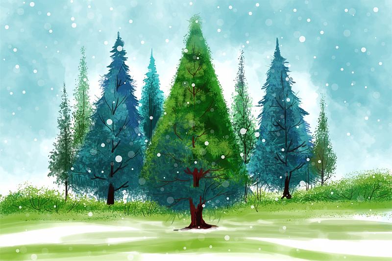 令人印象深刻的圣誕樹在冬季景觀與雪卡背景插畫圖片