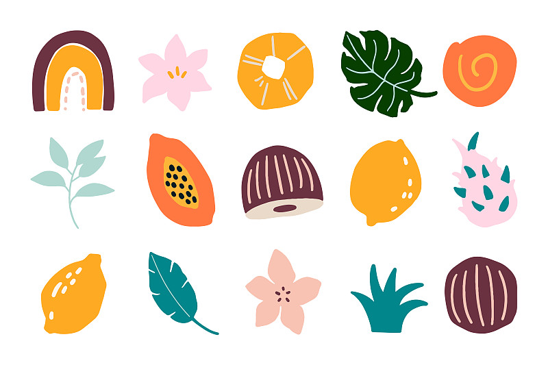 抽象多彩的簡單幾何熱帶形狀，波西米亞形狀。Monstera樹葉、花朵、椰子、木瓜水果手繪插畫系列插畫圖片