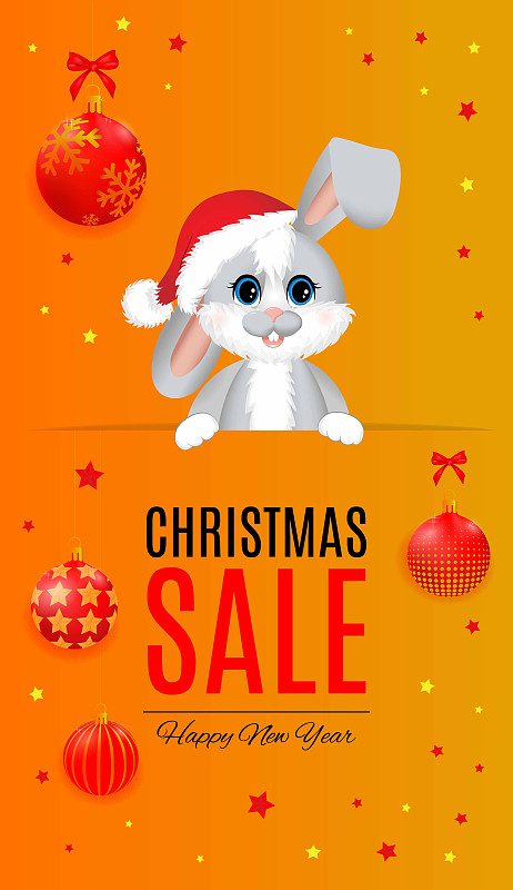 銷售橫幅與兔子或野兔，圣誕球和弓在橙色和紅色的顏色。插畫圖片