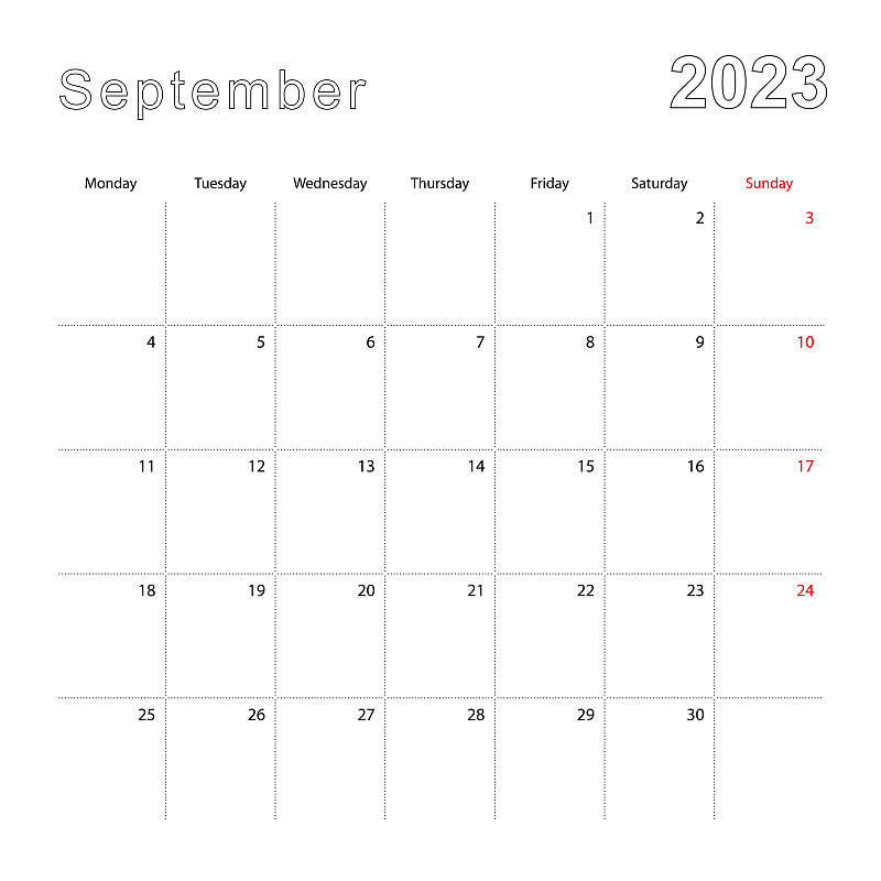 2023年9月的簡單掛歷，虛線。日歷是英文的，從星期一開始。插畫圖片