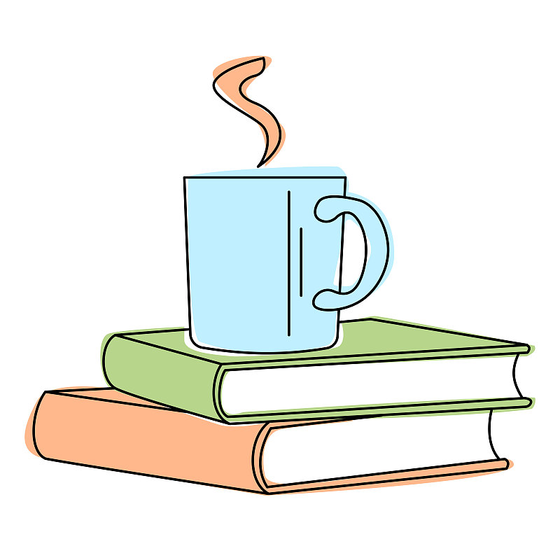一堆書上的一杯咖啡或茶插畫圖片