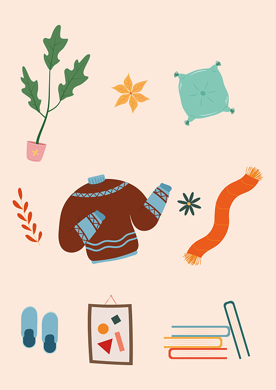 秋季hygge舒適系列在平面風格矢量插畫圖片