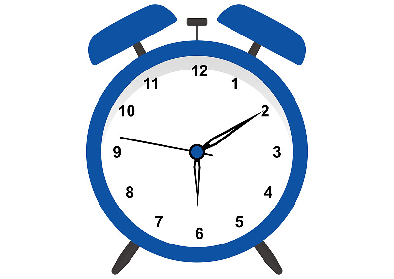 藍色鬧鐘喚醒時間的扁平風格插畫圖片