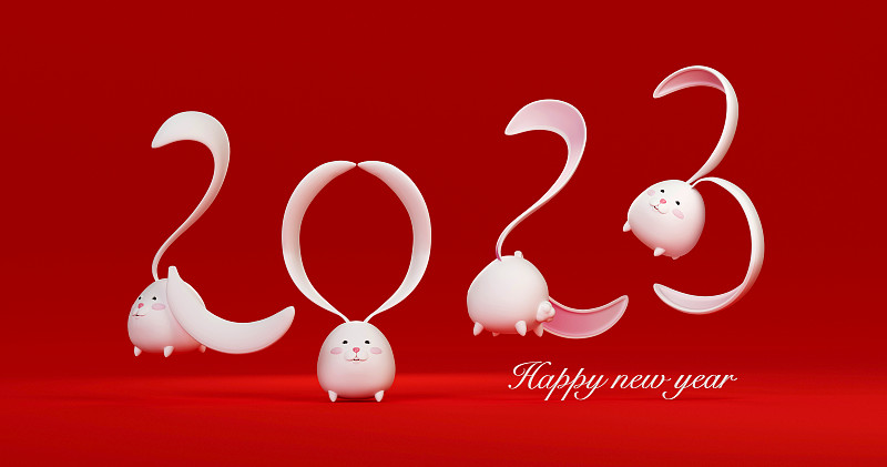 3d白色兔子角色。兔耳朵代表數字2023，在紅色背景的網絡橫幅，中國新年。圖片下載