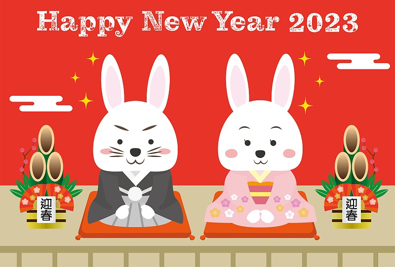 新年卡片插圖，一對穿著和服的兔子和紅色背景/插圖材料(矢量插圖)圖片下載
