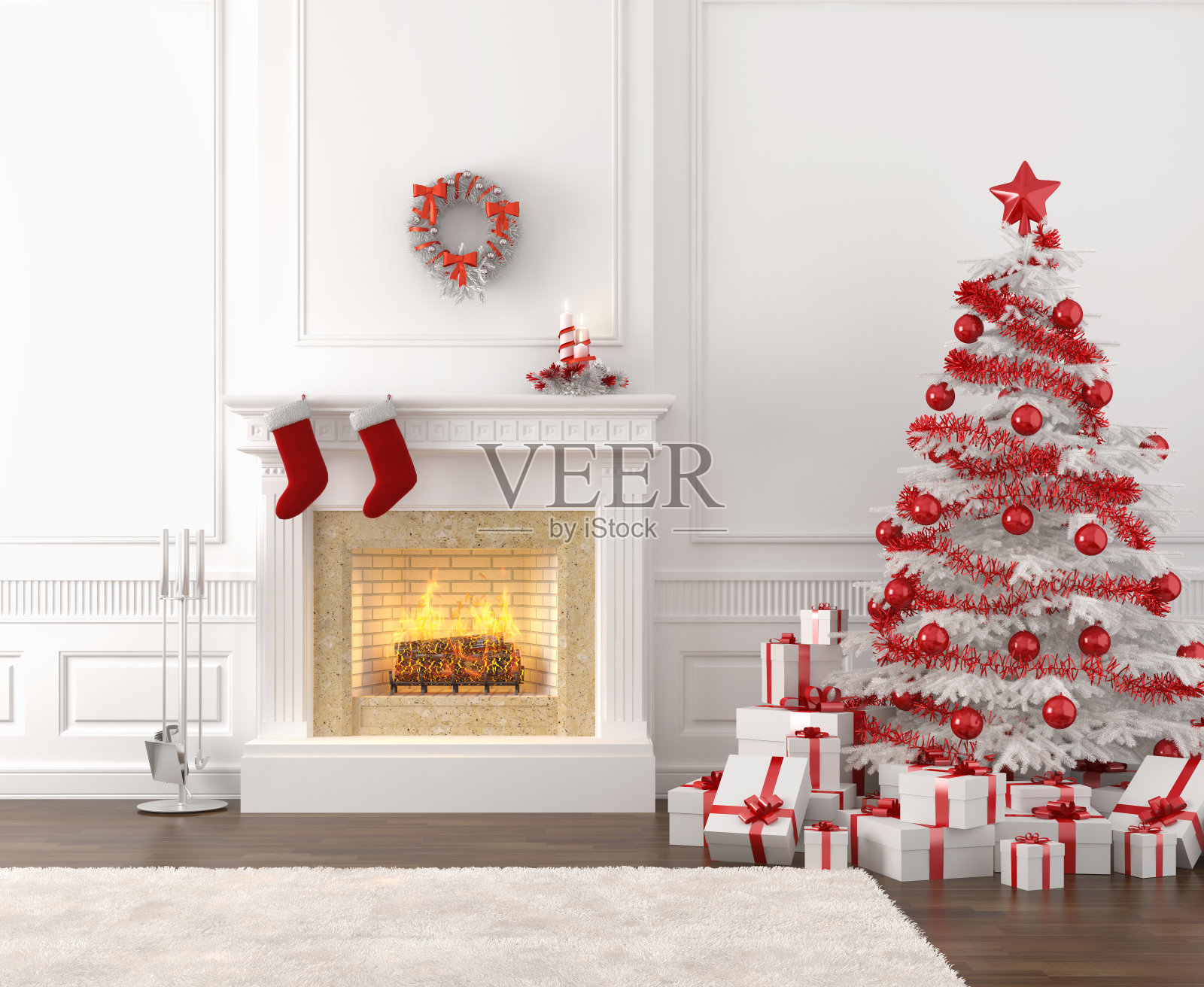 白色和紅色的圣誕壁爐內部照片攝影圖片