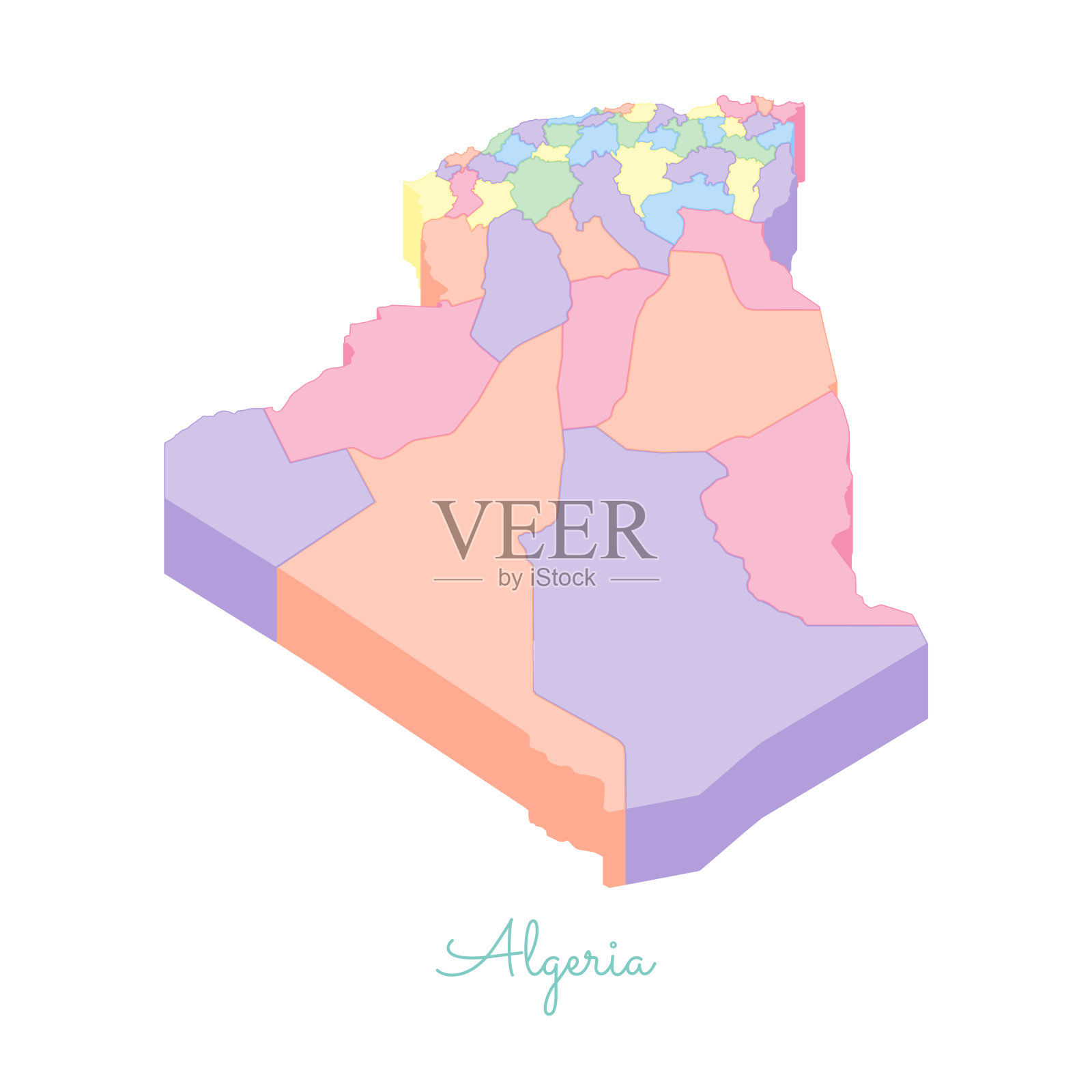 阿尔及利亚地区地图:彩色等距俯视图。插画图片素材