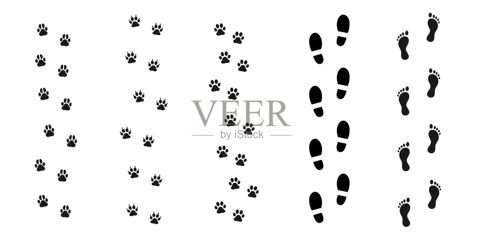 人类和动物的踪迹。向量集合。靴子。猫和狗的痕迹。足迹。野生的自然和宠物。动物学图标。插画图片素材