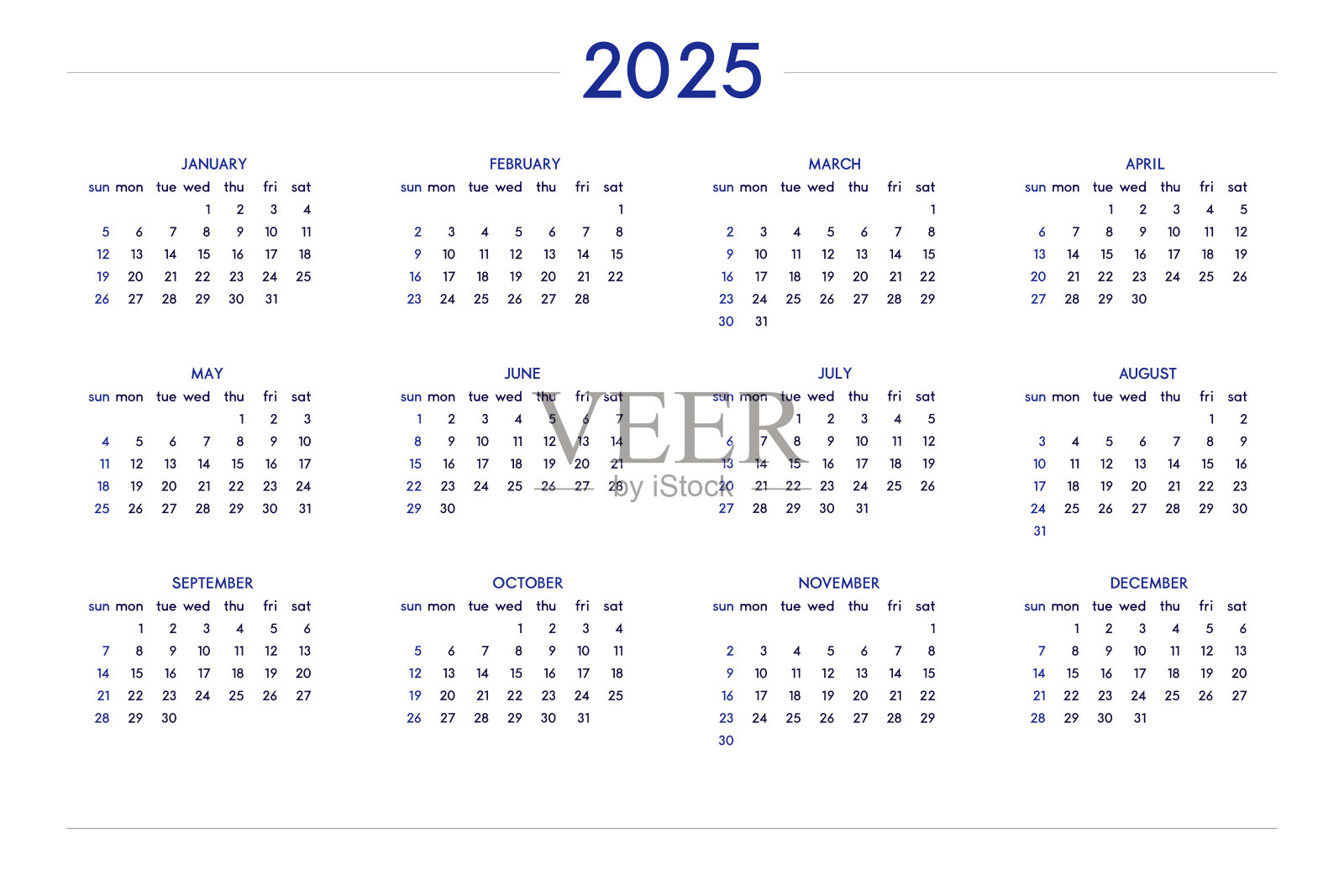 2025年日历设置经典严格风格。壁挂式日历时间表，最小限度限制的业务设计笔记本和计划。一周从周日开始插画图片素材