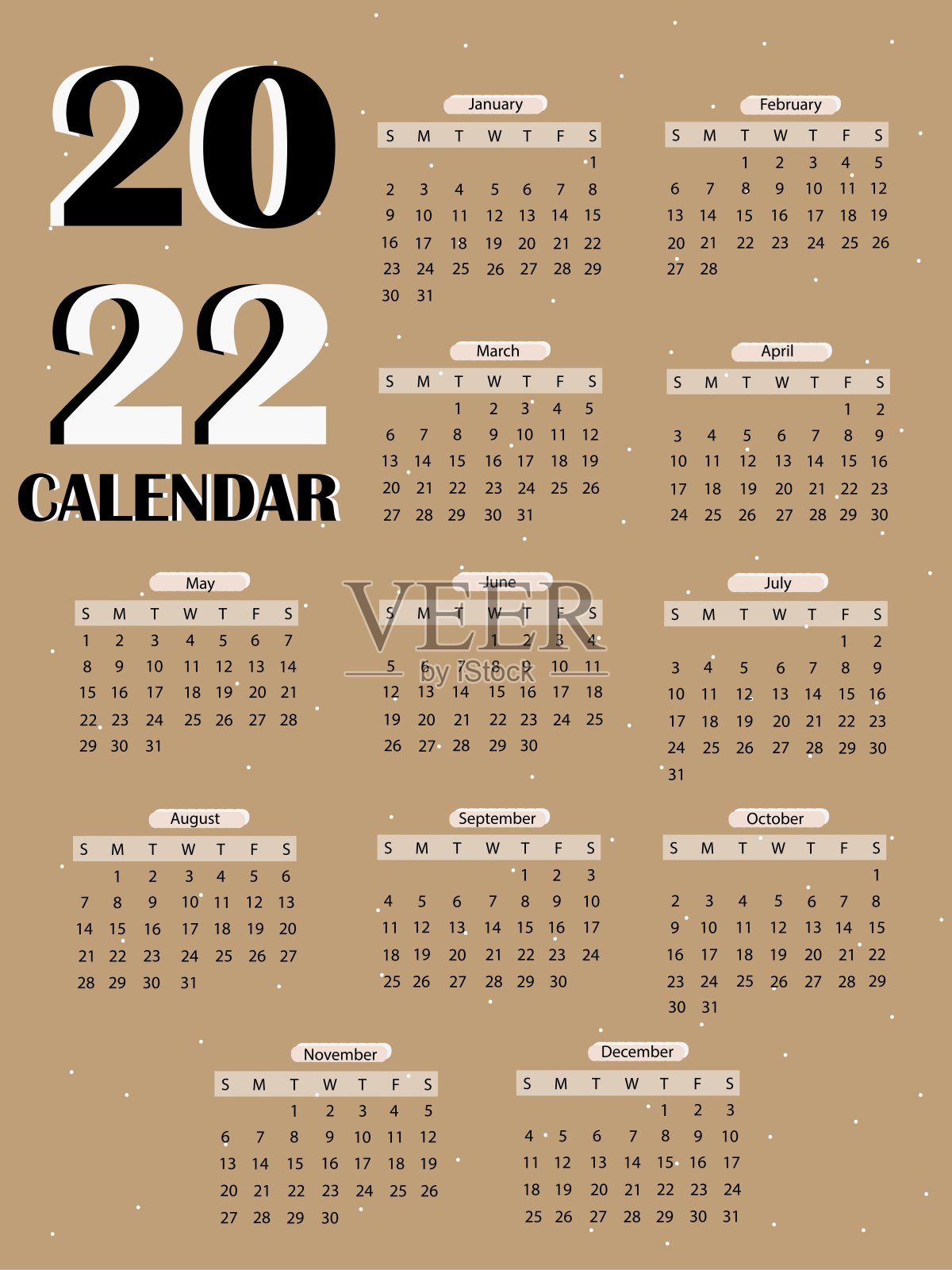 手绘风格的插画矢量2022年十二个月日历和小白点。设计模板素材