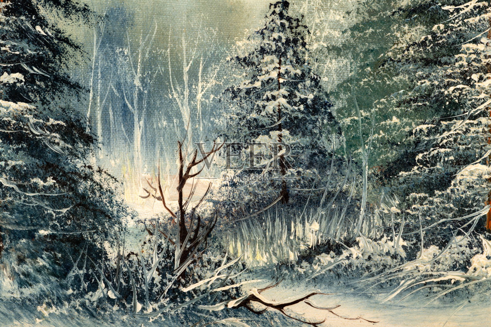 《雪原上的常青树》油画片段插画图片素材