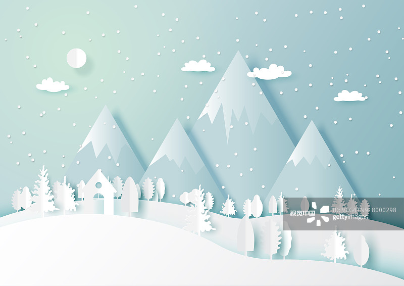 冬季以白房子和森林自然景觀為背景圖片素材