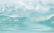 早晨山脚下梅花鹿在湖边喝水，小鸟飞过湖面寻找食物中国风插画背图片素材