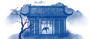 手绘中国风青花古代建筑系列图片素材