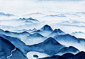 手绘水彩插画 中国风山水写意画图片素材
