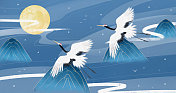 两只白鹤飞翔在天空手绘中国风插画图片素材