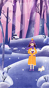 插画节气季节女孩冬天雪花户外河流结冰寒冷路图片素材