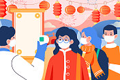 卡通春节新年除夕牛年元旦春运出行口罩医疗健康中国风矢量插画图片素材